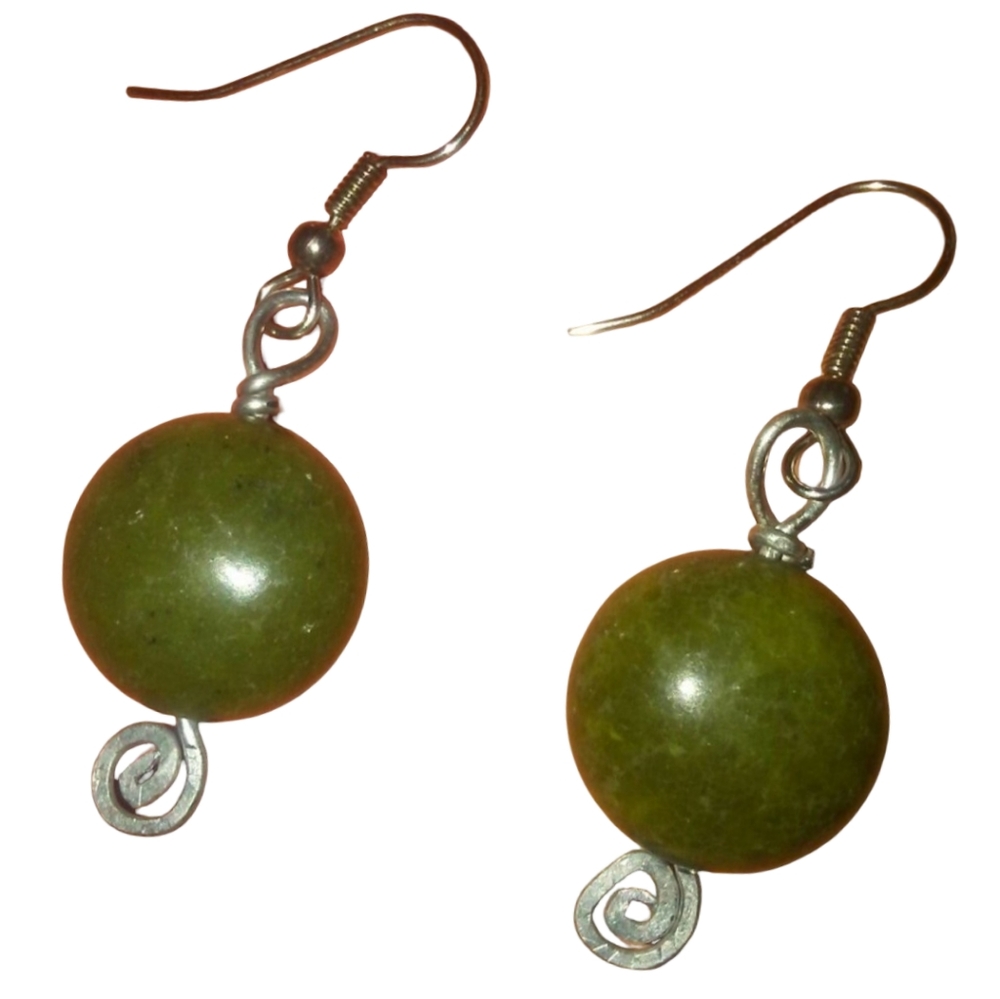 Handmade Serpentine Jade Gemstone Earrings KATTA Round Beads Silver Olive Green